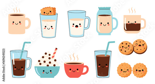 Adorable cartoon collection of kawaii drinks and sweet cookies for foodie fun