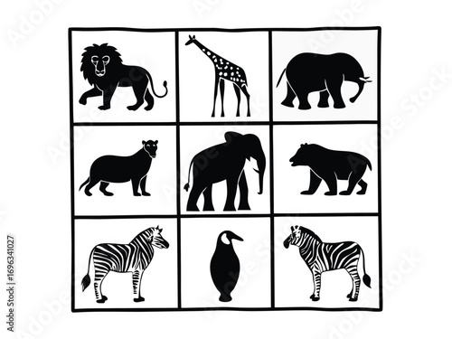 A vector illustration set of nine wild animal silhouettes. This graphic collection features African safari and zoo creatures for design concepts