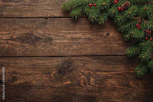 Wallpaper Mural Festive backdrop featuring pine branches and ornaments on a rustic dark wood surface Torontodigital.ca