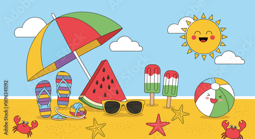 Vibrant beach scene illustration featuring summer holiday fun and treats