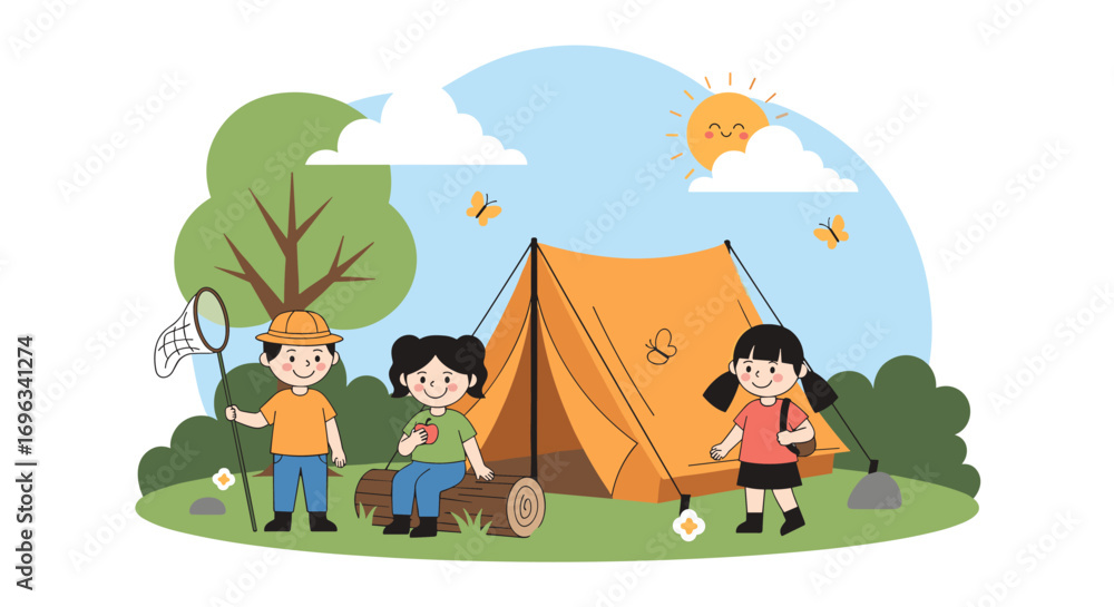 Naklejka premium Three children enjoying a camping trip outdoors experiencing nature and adventure together