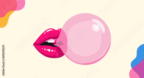 Bright pink lips chewing bubble gum experiencing a moment of pure joy and sweetness