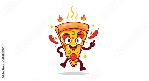 Spicy pepperoni pizza character dancing with fire and chilies illustration
