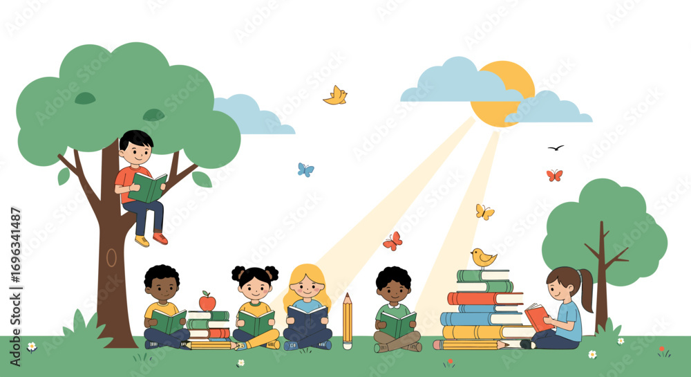 Obraz premium Children enjoying reading outdoors under the sun among trees and butterflies