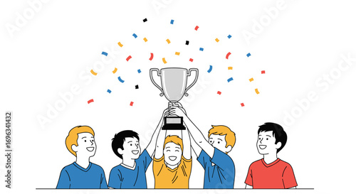 Celebrating victory a group of young champions triumphantly holding up a gleaming silver trophy surrounded by falling confetti on a white background