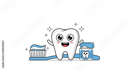 Happy cartoon tooth embracing oral hygiene habits for a bright smile