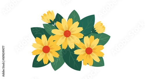 Vibrant yellow daisy flowers with green leaves and orange centers artistic arrangement