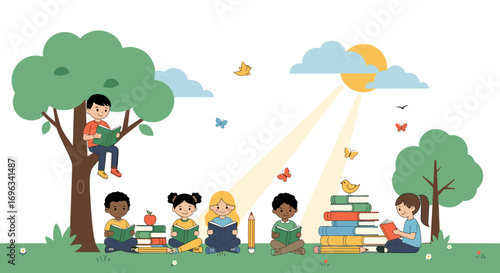 Children enjoying reading outdoors under the sun among trees and butterflies