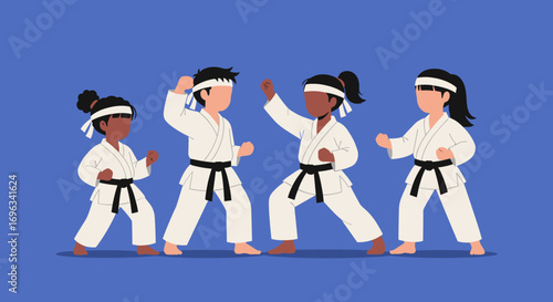 Diverse group of kids practicing martial arts wearing traditional karate gi and belts in a dynamic pose for training