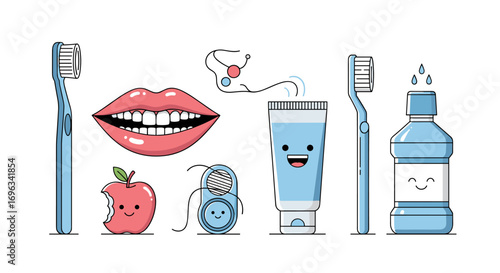 Cute dental hygiene icons featuring toothbrushes floss mouthwash toothpaste and a smiling apple illustration