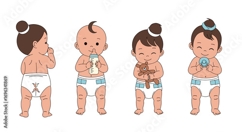 Adorable babies enjoying their childhood moments with bottles and toys
