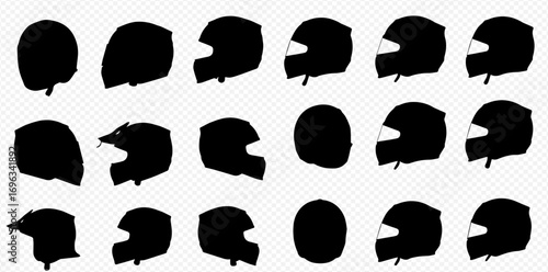 A collection of black silhouette images depicting various motorcycle and racing helmets in different angles and styles, arranged on a transparent background.