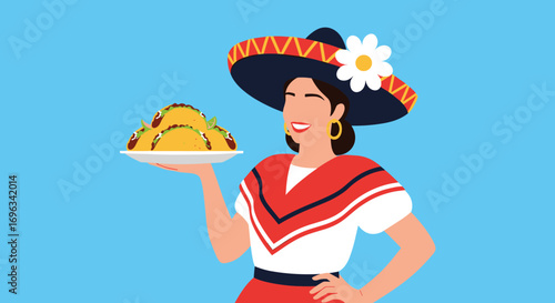 A cheerful woman wearing a sombrero and traditional mexican clothing holds a plate full of delicious tacos ready to serve