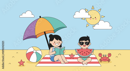 Children enjoying a sunny day on the beach reading and eating watermelon under a colorful umbrella