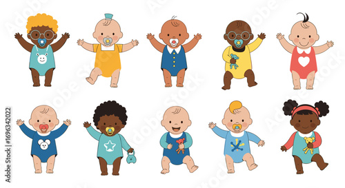 A diverse collection of adorable babies expressing joy and excitement in playful poses