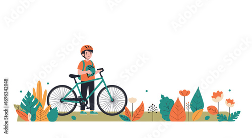 Young boy with bicycle enjoying outdoor nature walk surrounded by vibrant plants and colorful flowers during a sunny day