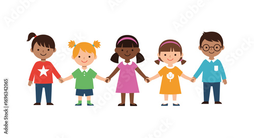 A diverse group of happy children holding hands together in a line smiling brightly showing unity and friendship