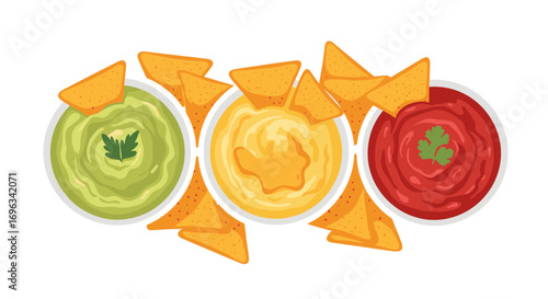 Delicious assortment of tortilla chips with creamy guacamole spicy salsa and cheesy queso dip