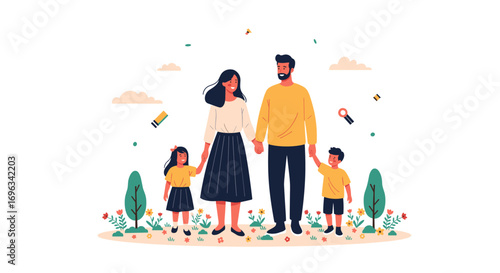 Joyful family togetherness outdoors amidst flowers and gentle breeze happy childhood moments captured with love and care