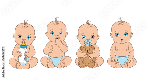 Four adorable babies sitting together each showing different baby needs and items