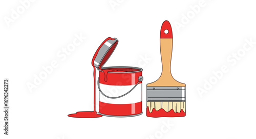 Painting supplies including an open can of red paint and a paintbrush with bristles coated in paint
