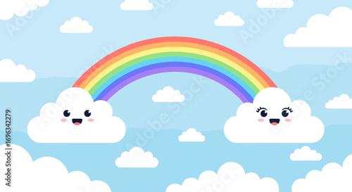 A beautiful vivid rainbow arching across a clear blue sky filled with fluffy white clouds