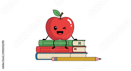 An adorable cartoon apple character winks happily while sitting on a stack of colorful books with a yellow pencil nearby