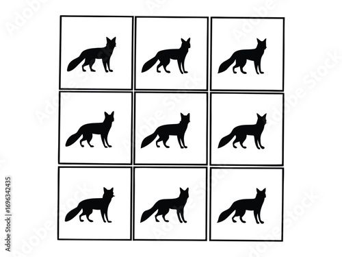 Minimalist grid pattern of nine black fox silhouettes on a white background, creating a modern and symmetrical wildlife design concept