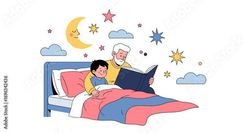 Grandfather reading a bedtime story to his grandson in a cozy bedroom filled with stars and clouds