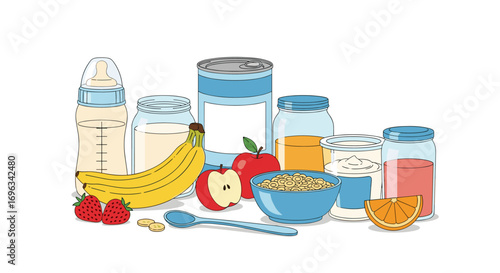 Assortment of baby food jars and fruits alongside feeding supplies for young children
