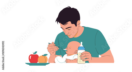Father feeding his baby with spoon and apple beside him for healthy meal preparation