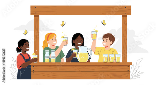 A diverse group of happy children enjoying refreshing lemonade on a sunny day