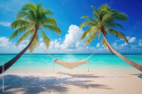 Relaxing in a suspended bed by the shore during sunny days surrounded by natural scenery