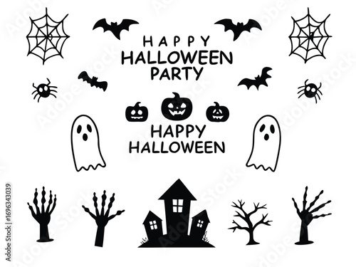 A collection of hand-drawn Halloween party icons, featuring ghosts, pumpkins, bats, and a haunted house on an isolated white background