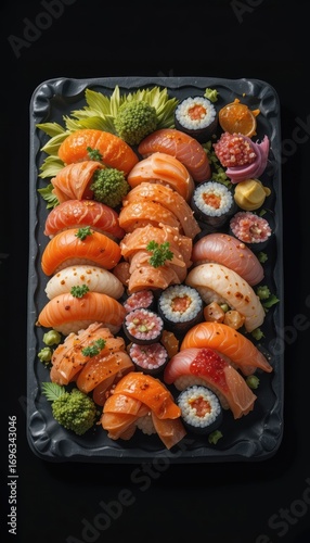 Assortment of fresh sushi and sashimi platter with vibrant colors