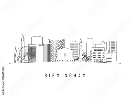 Detailed Birmingham skyline vector illustration. Birmingham buildings in line art style, perfect for modern designs.