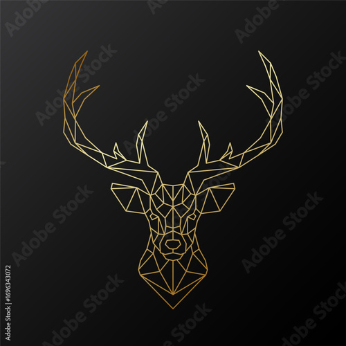 Geometric deer head in golden lines on black, minimalist design with polygonal style.