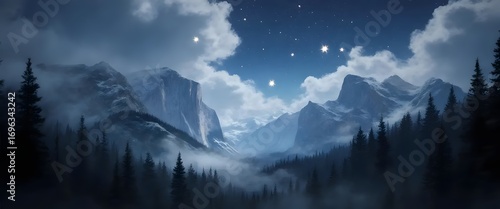 Mysterious Pine Forest Mountains Under Cloudy Night Sky