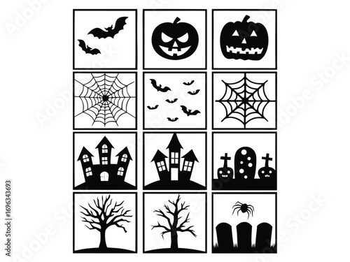 Vector illustration set of classic Halloween symbols and icons, including pumpkin, bat, and haunted house silhouettes