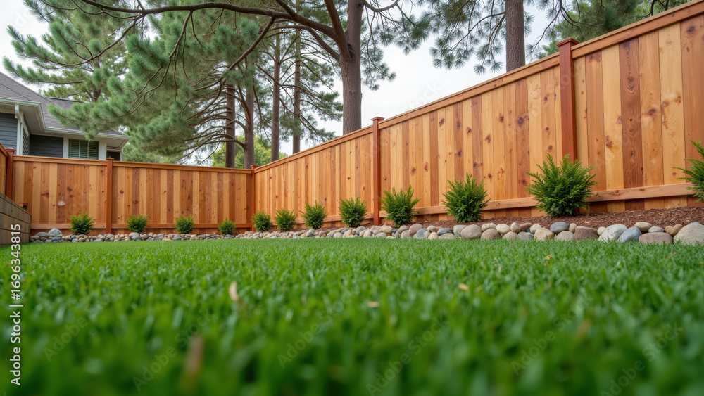 Fototapeta premium Lush green lawn with wooden fence, decorative stones, and small shrubs creates serene outdoor space