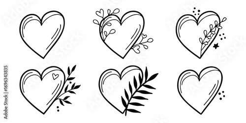 Handdrawn Decorative Heart Illustrations with Floral Elements.