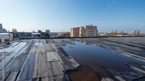 Flat roof with standing water puddles and membrane leak damage worker orange vest inspects rooftop waterproofing after rain, urban buildings visible, ponding water requiring repair and safety measures