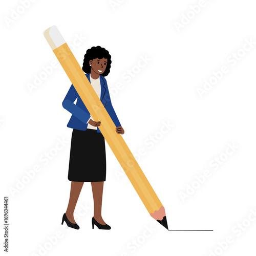 Woman in business attire holding oversized pencil while drawing on the ground in a creative environment