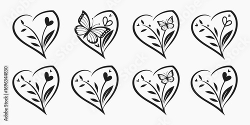 Heart shape with floral and butterfly elements.