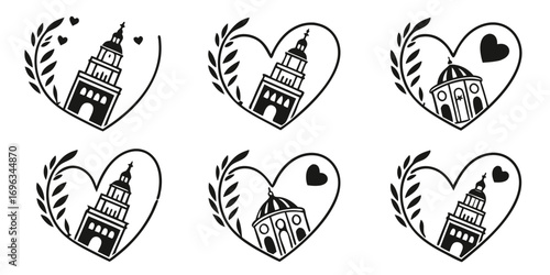 Heart shaped architectural landmarks with laurel wreaths.