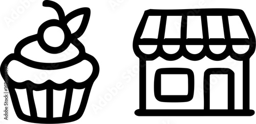 Bakery Shop and Sweet Cupcake Icons.