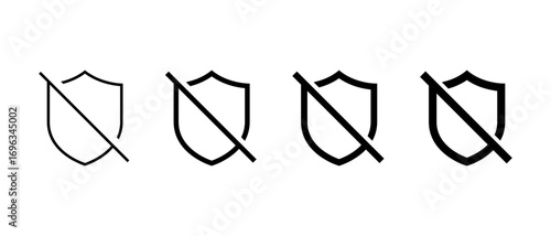 Shield with slash line icon. No protection symbol. Unsecure sign