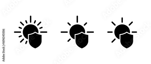 UV protection shield icon set. Sun safety and sunscreen defense symbol
