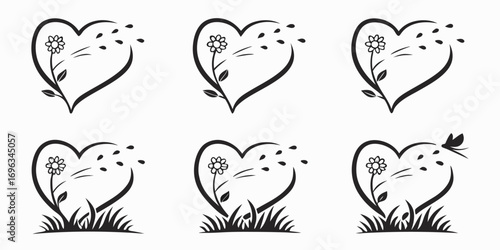 Heart shaped floral designs with flying elements.