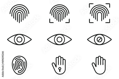 Biometric Security Icons Featuring Fingerprints Eyes and Hands scan iris